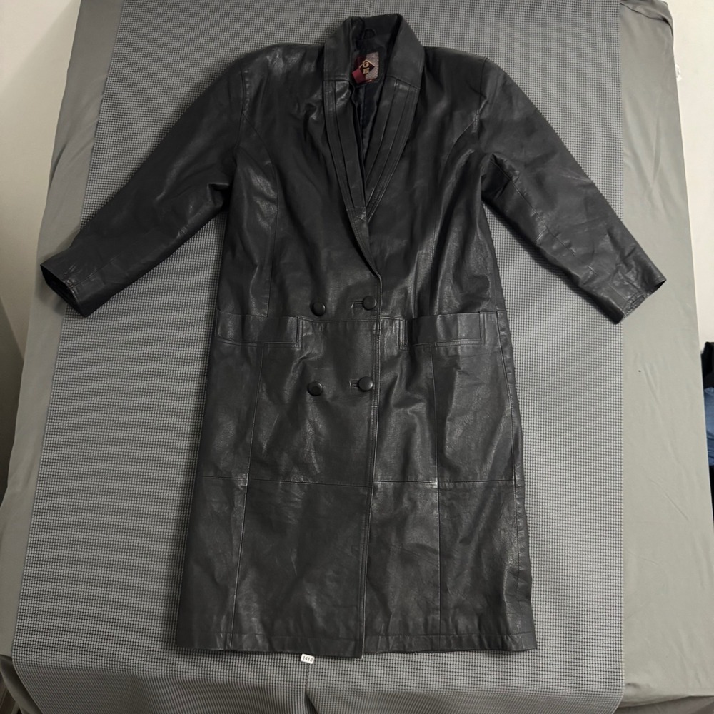 G-III Vintage Black Leather Trench Coat Double Breasted Longline Jacket Large